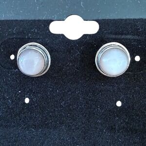 Sterling Silver Moonstone Stud Earrings Round Cabochon White Gemstone Posts